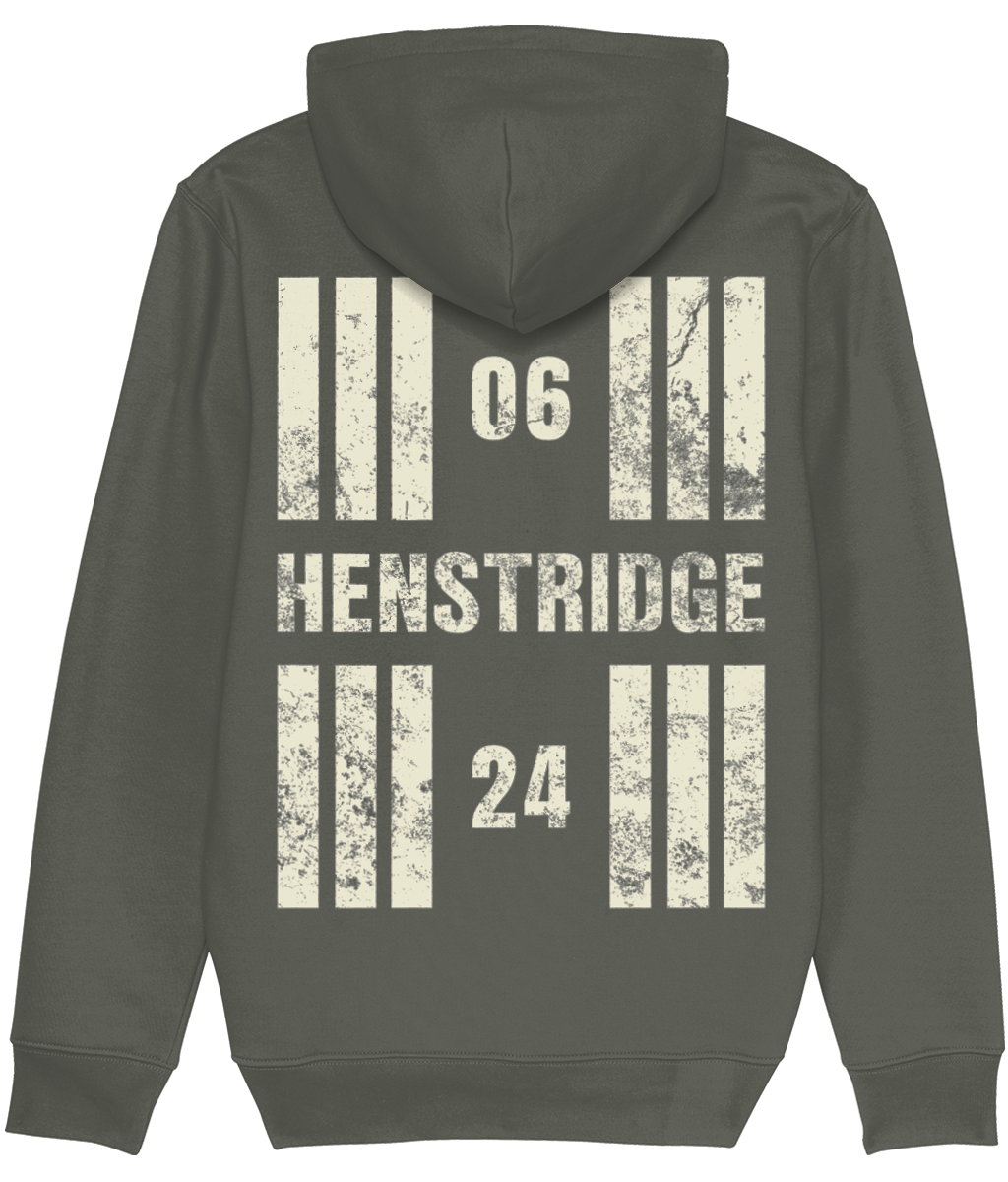 Henstridge Airfield Runway Designator Premium Heavyweight Unisex Hoodie with a hold icon on the front left breast and distressed designator design on the back, both printed in vintage white.