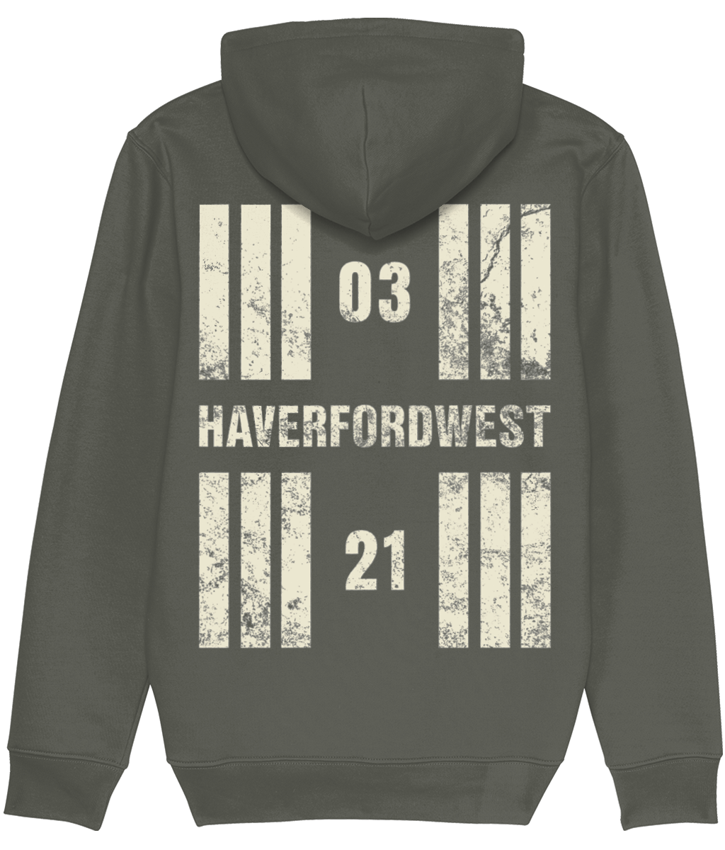 Haverfordwest Airport Runway Designator Premium Heavyweight Unisex Hoodie with a hold icon on the front left breast and distressed designator design on the back, both printed in vintage white.