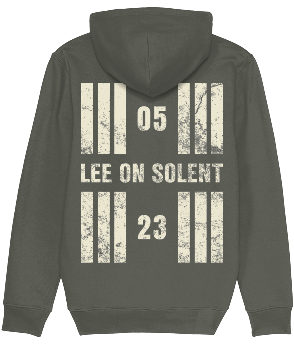 Lee on Solent Airfield Runway Designator Premium Heavyweight Unisex Hoodie with a hold icon on the front left breast and distressed designator design on the back, both printed in vintage white.