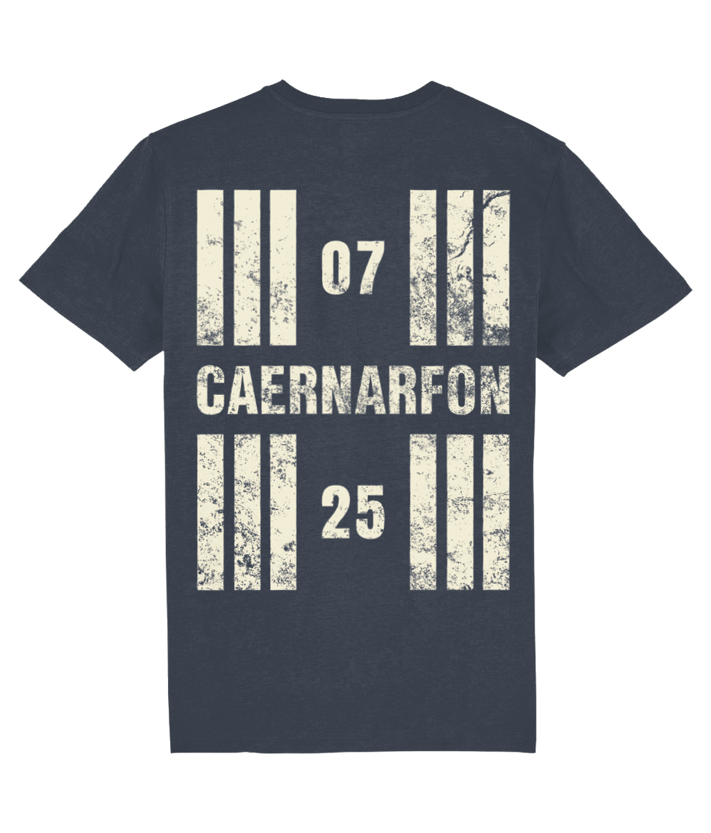 Caernarfon Airport Runway Designator Unisex Organic Cotton T-Shirt with a hold icon on the front left breast and distressed designator design on the back, both printed in vintage white.