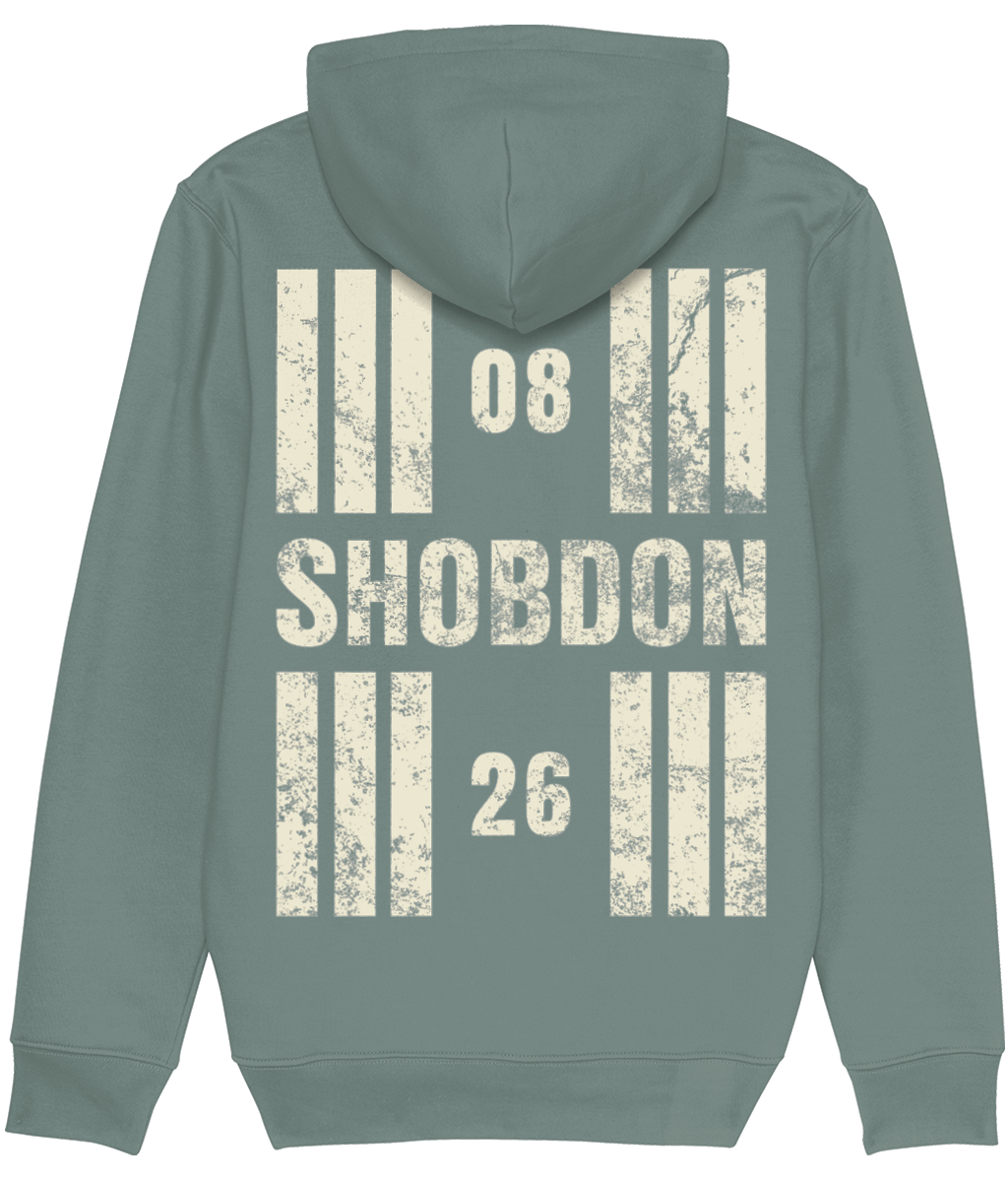 Shobdon Airfield Runway Designator Premium Heavyweight Unisex Hoodie with a hold icon on the front left breast and distressed designator design on the back, both printed in vintage white.