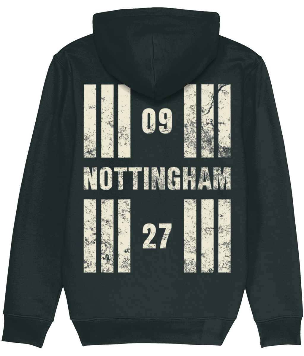 Nottingham Airport Runway Designator Premium Heavyweight Unisex Hoodie with a hold icon on the front left breast and distressed designator design on the back, both printed in vintage white.