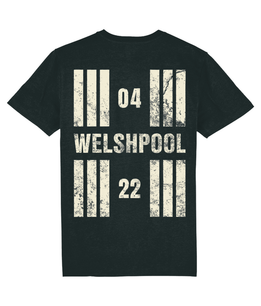 Welshpool Airport Runway Designator Unisex Organic Cotton T-Shirt in black with front and back prints.