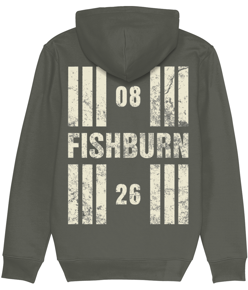 Fishburn Airfield Runway Designator Premium Heavyweight Unisex Hoodie with a hold icon on the front left breast and distressed designator design on the back, both printed in vintage white.