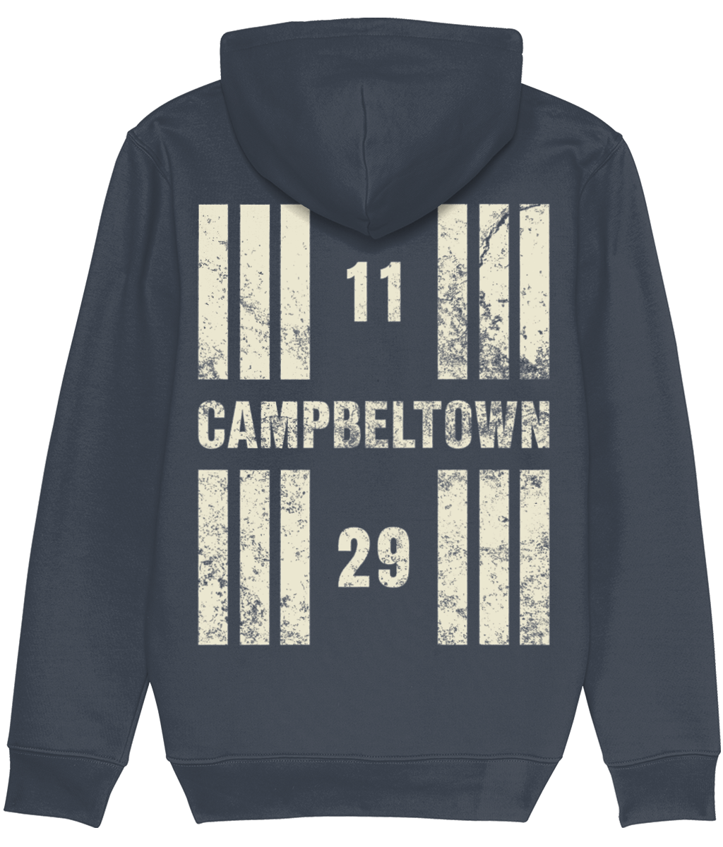 Campbeltown Airport Runway Designator Premium Heavyweight Unisex Hoodie with a hold icon on the front left breast and distressed designator design on the back, both printed in vintage white.