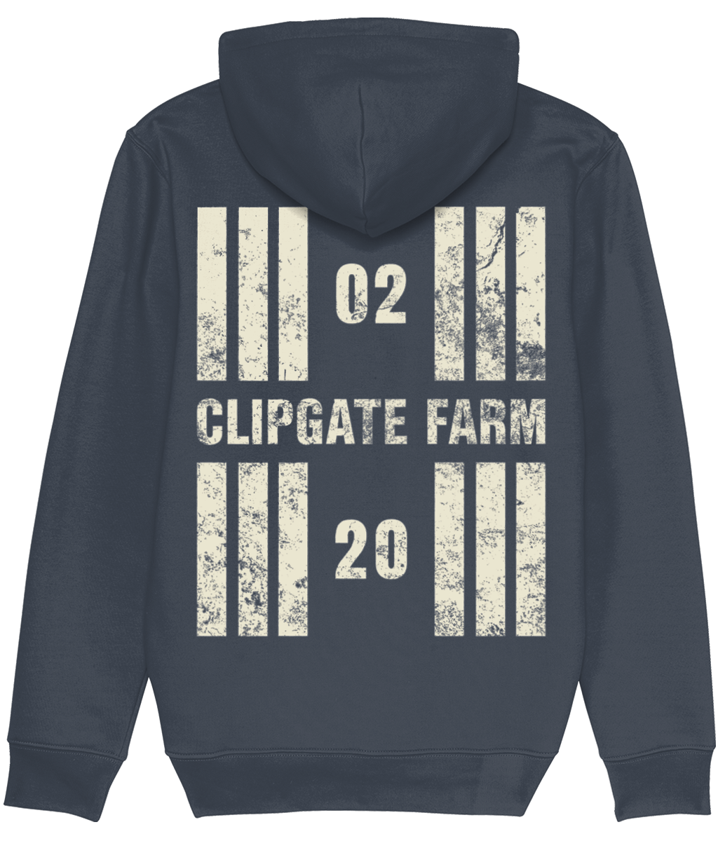 Clipgate Farm Airstrip Runway Designator Premium Heavyweight Unisex Hoodie with a hold icon on the front left breast and distressed designator design on the back, both printed in vintage white.