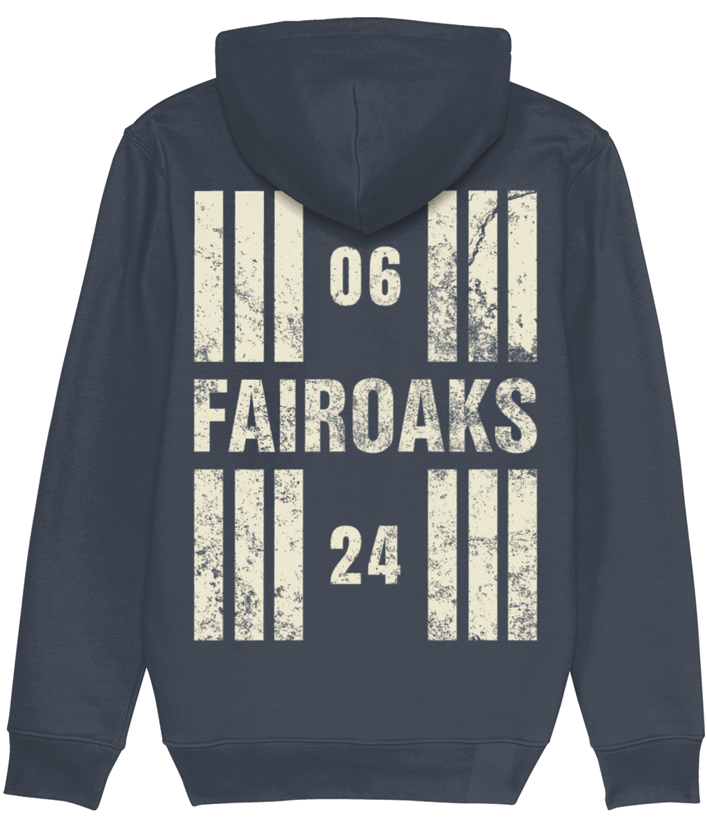 Fairoaks Airport Runway Designator Premium Heavyweight Unisex Hoodie with a hold icon on the front left breast and distressed designator design on the back, both printed in vintage white.