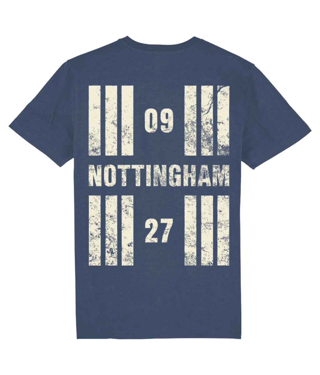 Nottingham Airport Runway Designator Unisex Organic Cotton T-Shirt with a hold icon on the front left breast and distressed designator design on the back, both printed in vintage white.