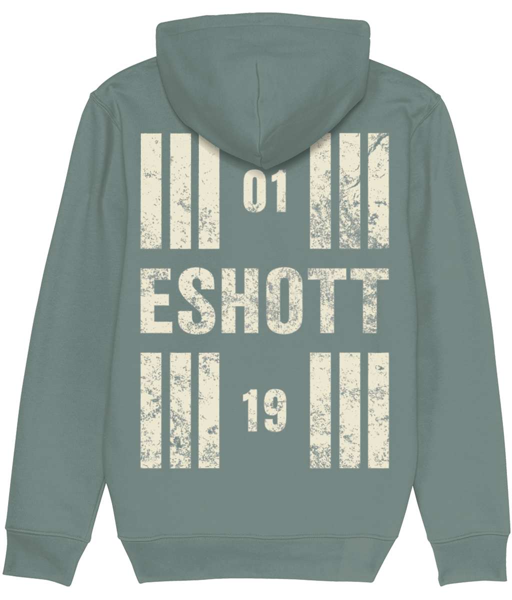 Eshott Airfield Runway Designator Premium Heavyweight Unisex Hoodie with a hold icon on the front left breast and distressed designator design on the back, both printed in vintage white.