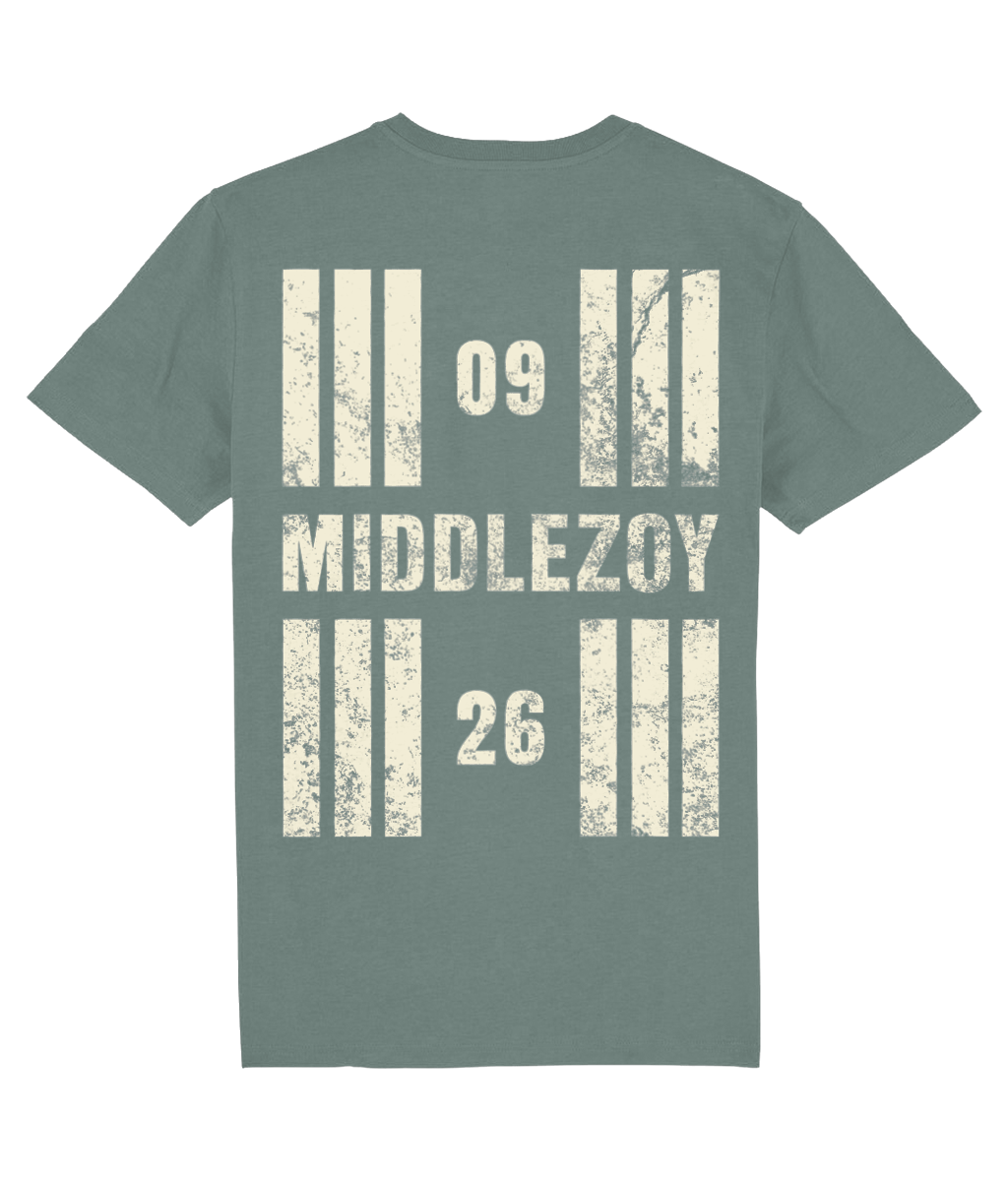 Middlezoy Aerodrome Runway Designator Unisex Organic Cotton T-Shirt with a hold icon on the front left breast and distressed designator design on the back, both printed in vintage white.