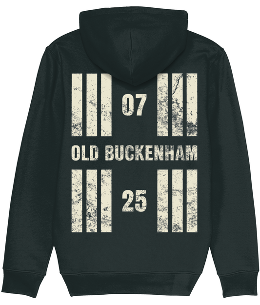 Old Buckenham Airfield Runway Designator Premium Heavyweight Unisex Hoodie with a hold icon on the front left breast and distressed designator design on the back, both printed in vintage white.