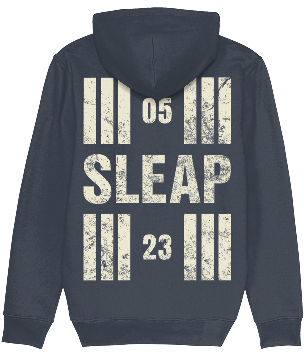 Sleap Airfield Runway Designator Premium Heavyweight Unisex Hoodie with a hold icon on the front left breast and distressed designator design on the back, both printed in vintage white.