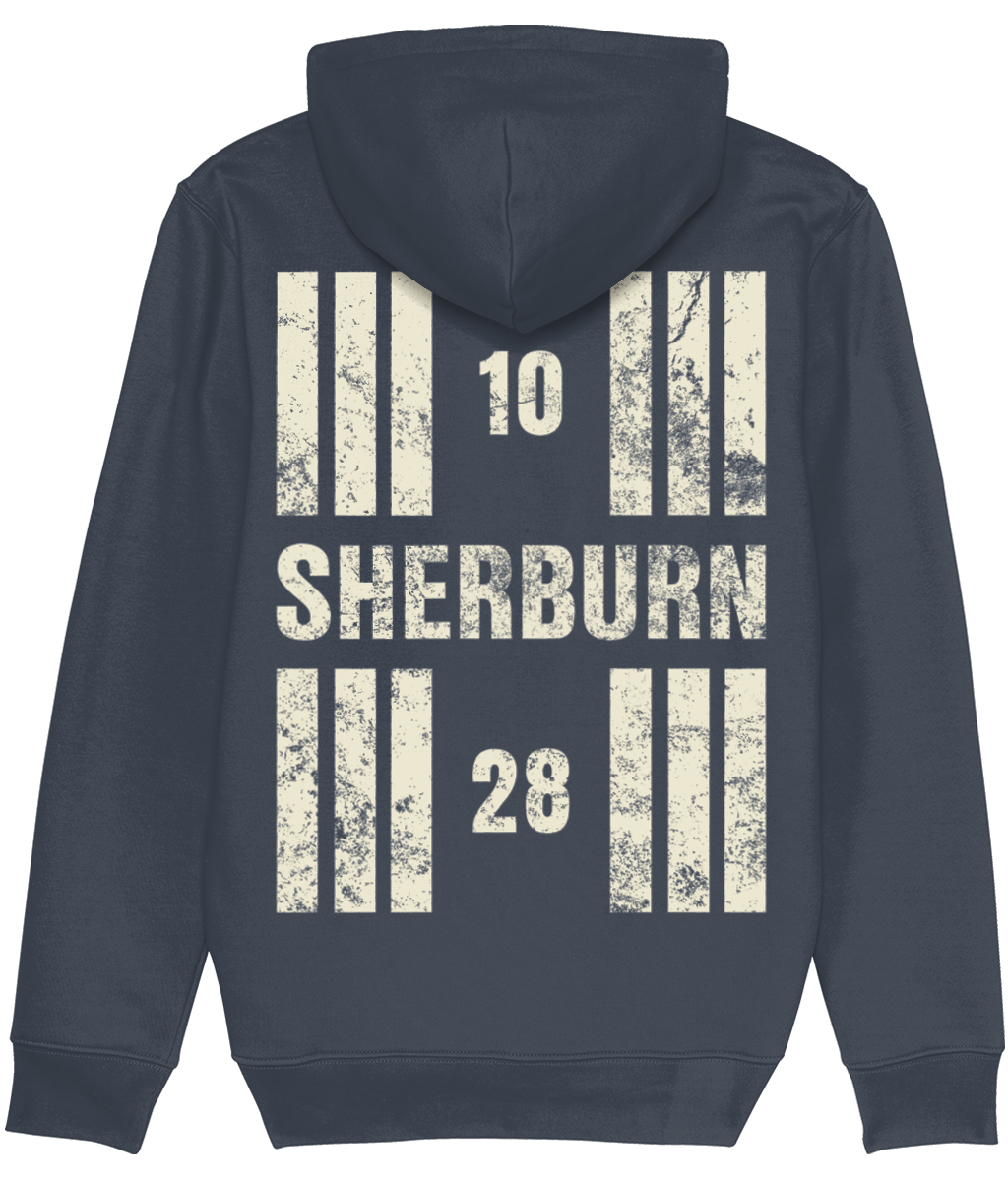 Sherburn Airfield Runway Designator Premium Heavyweight Unisex Hoodie with a hold icon on the front left breast and distressed designator design on the back, both printed in vintage white.