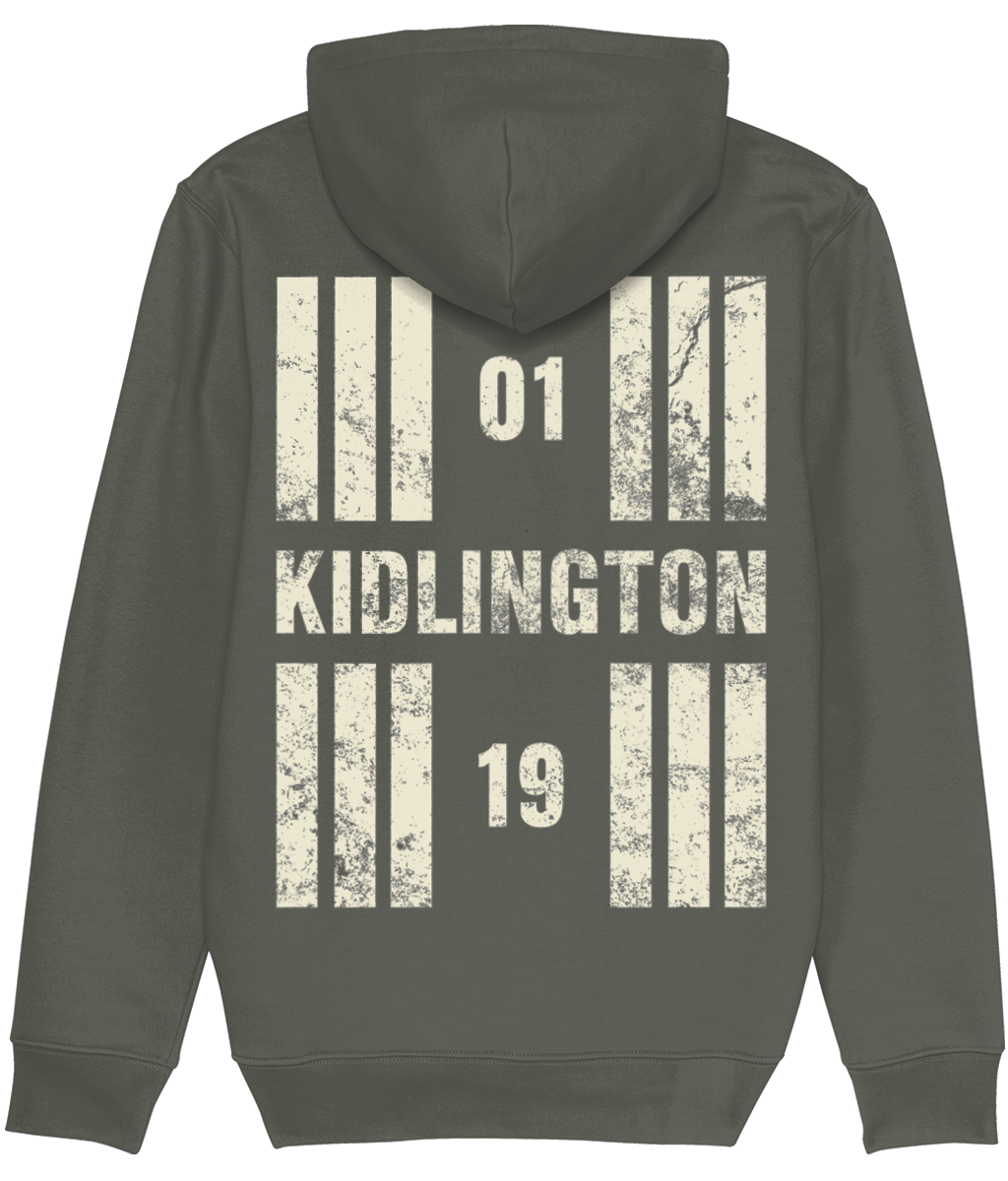 Kidlington Airport Runway Designator Premium Heavyweight Unisex Hoodie with a hold icon on the front left breast and distressed designator design on the back, both printed in vintage white.