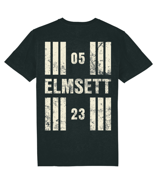 Elmsett Airfield Runway Designator Unisex Organic Cotton T-Shirt with a hold icon on the front left breast and distressed designator design on the back, both printed in vintage white.