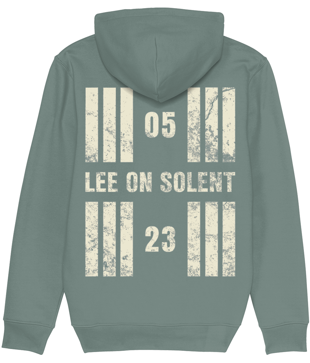 Lee on Solent Airfield Runway Designator Premium Heavyweight Unisex Hoodie in "green bay" with a hold icon on the front left breast and distressed designator design on the back, both printed in vintage white.