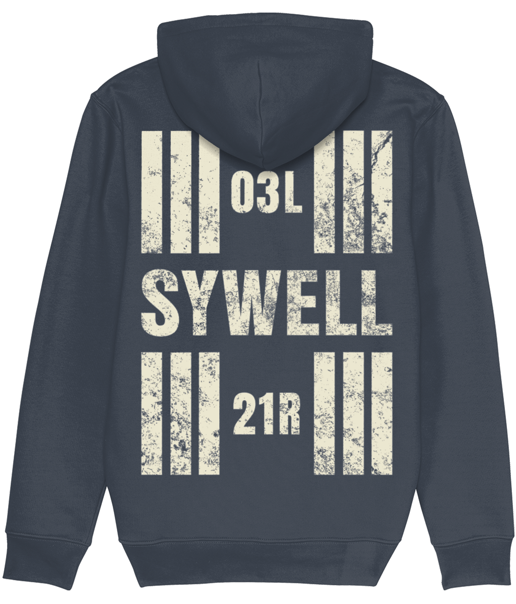 Sywell Aerodrome Runway Designator Premium Heavyweight Unisex Hoodie with a hold icon on the front left breast and distressed designator design on the back, both printed in vintage white.