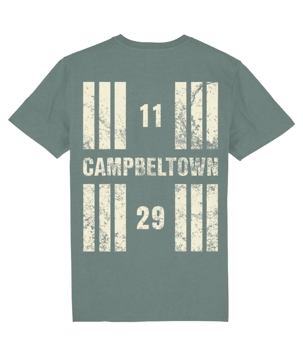 Campbeltown Airport Runway Designator Unisex Organic Cotton T-Shirt with a hold icon on the front left breast and distressed designator design on the back, both printed in vintage white.