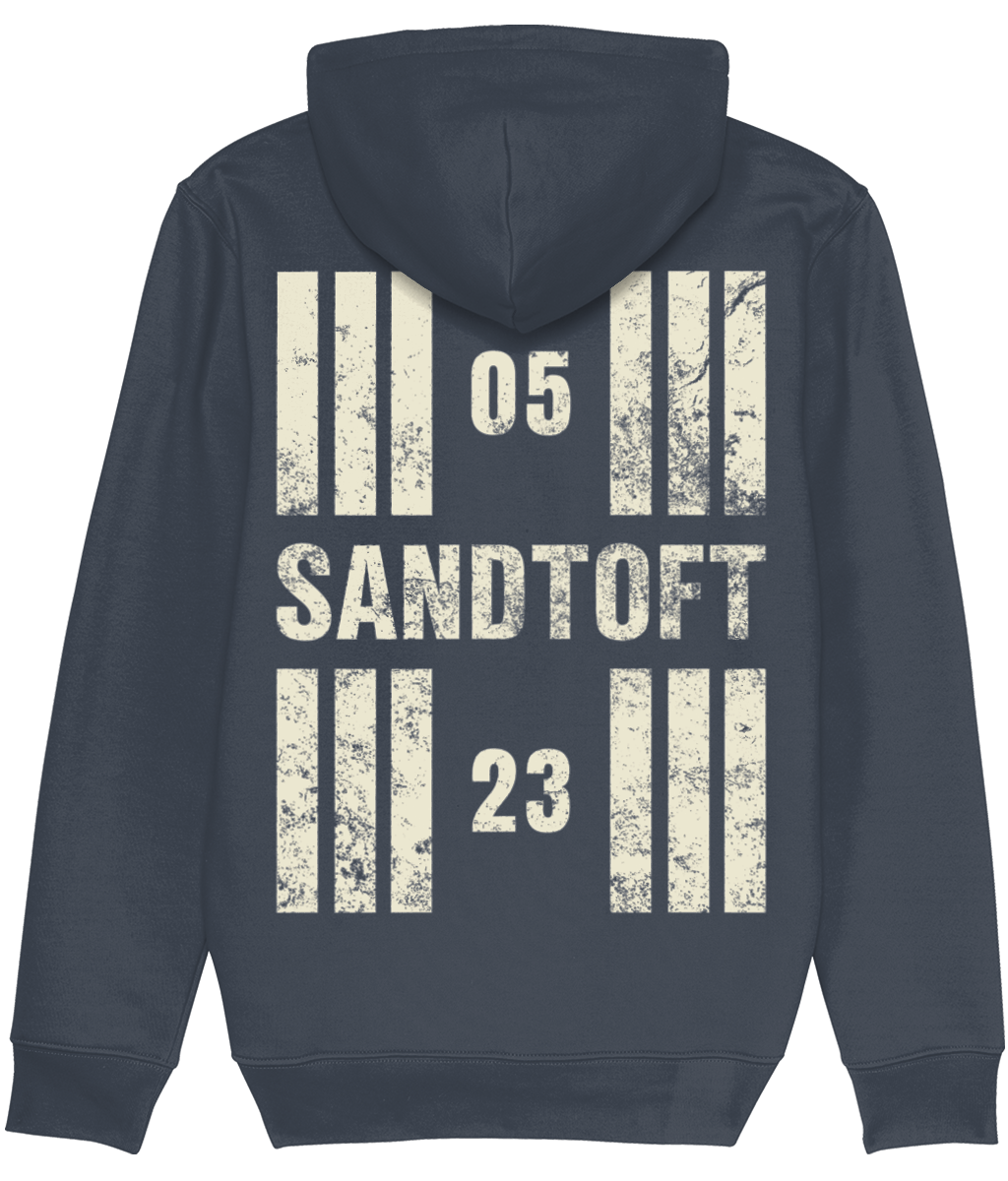 Sandtoft Airfield Runway Designator Premium Heavyweight Unisex Hoodie with a hold icon on the front left breast and distressed designator design on the back, both printed in vintage white.