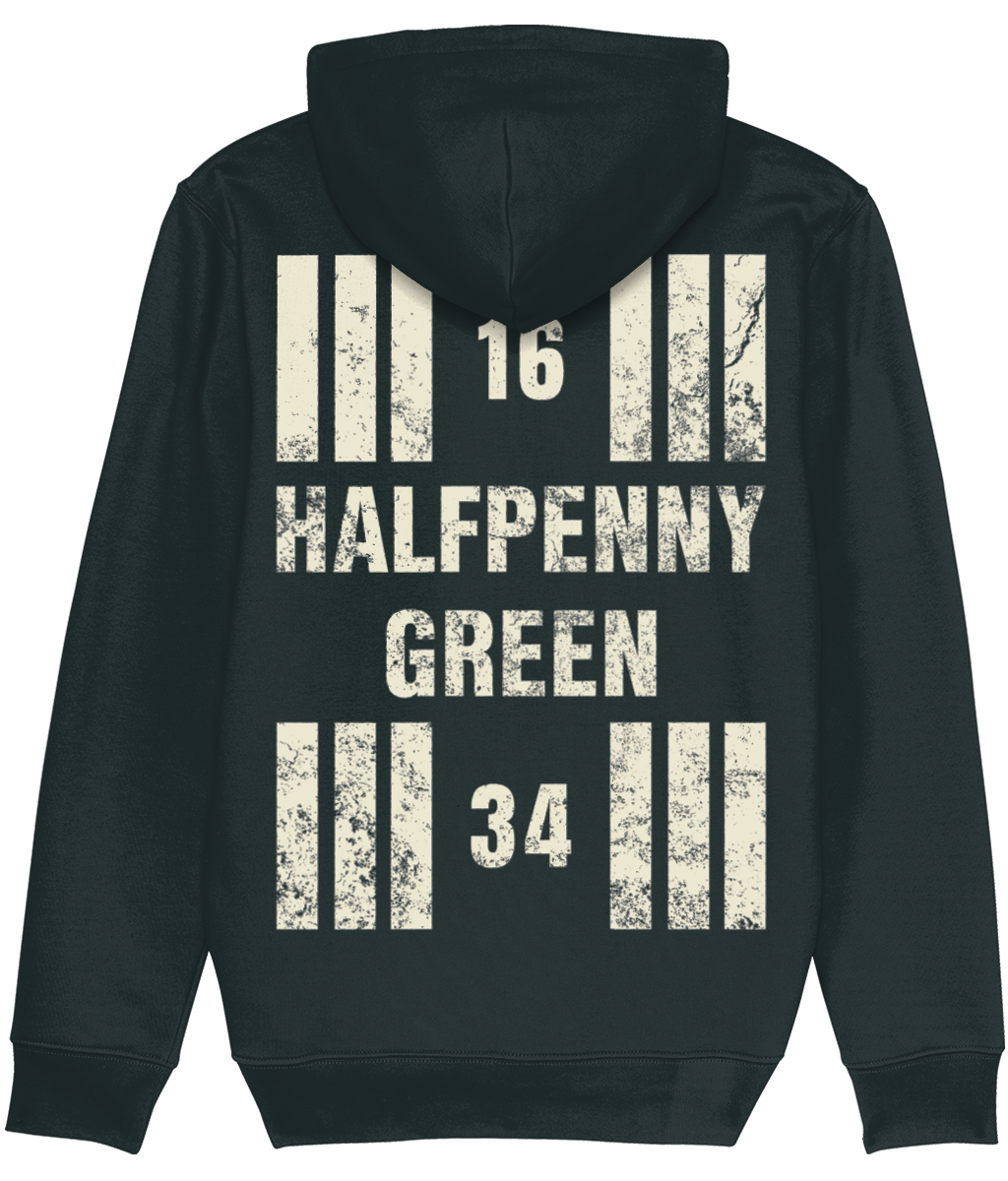 Halfpenny Green Airport Runway Designator Premium Heavyweight Unisex Hoodie with a hold icon on the front left breast and distressed designator design on the back, both printed in vintage white.