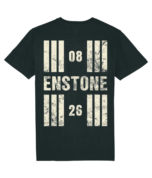 Enstone Airfield  Runway Designator Unisex Organic Cotton T-Shirt with a hold icon on the front left breast and distressed designator design on the back, both printed in vintage white.