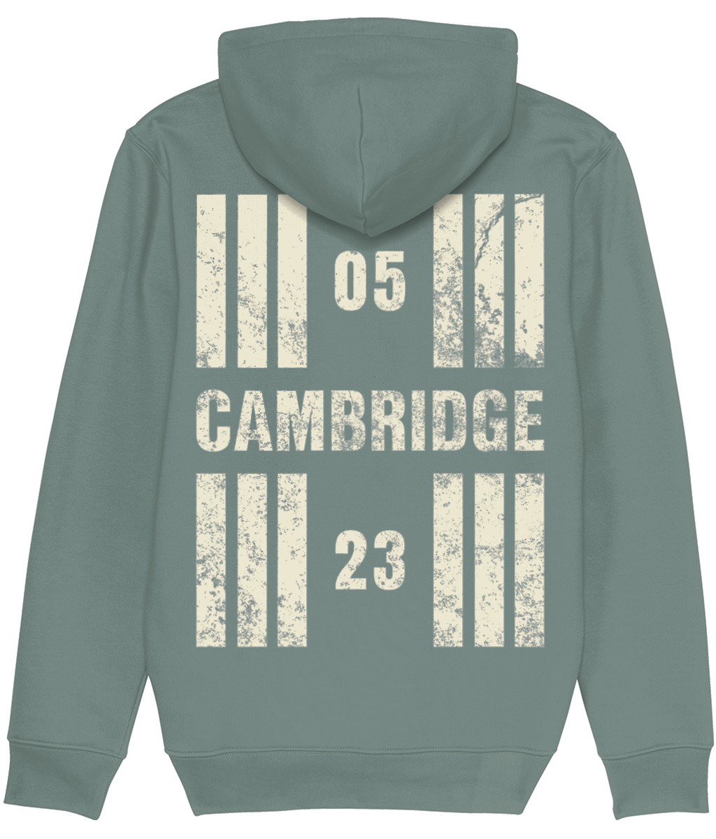 Cambridge Airport Runway Designator Premium Heavyweight Unisex Hoodie with a hold icon on the front left breast and distressed designator design on the back, both printed in vintage white.