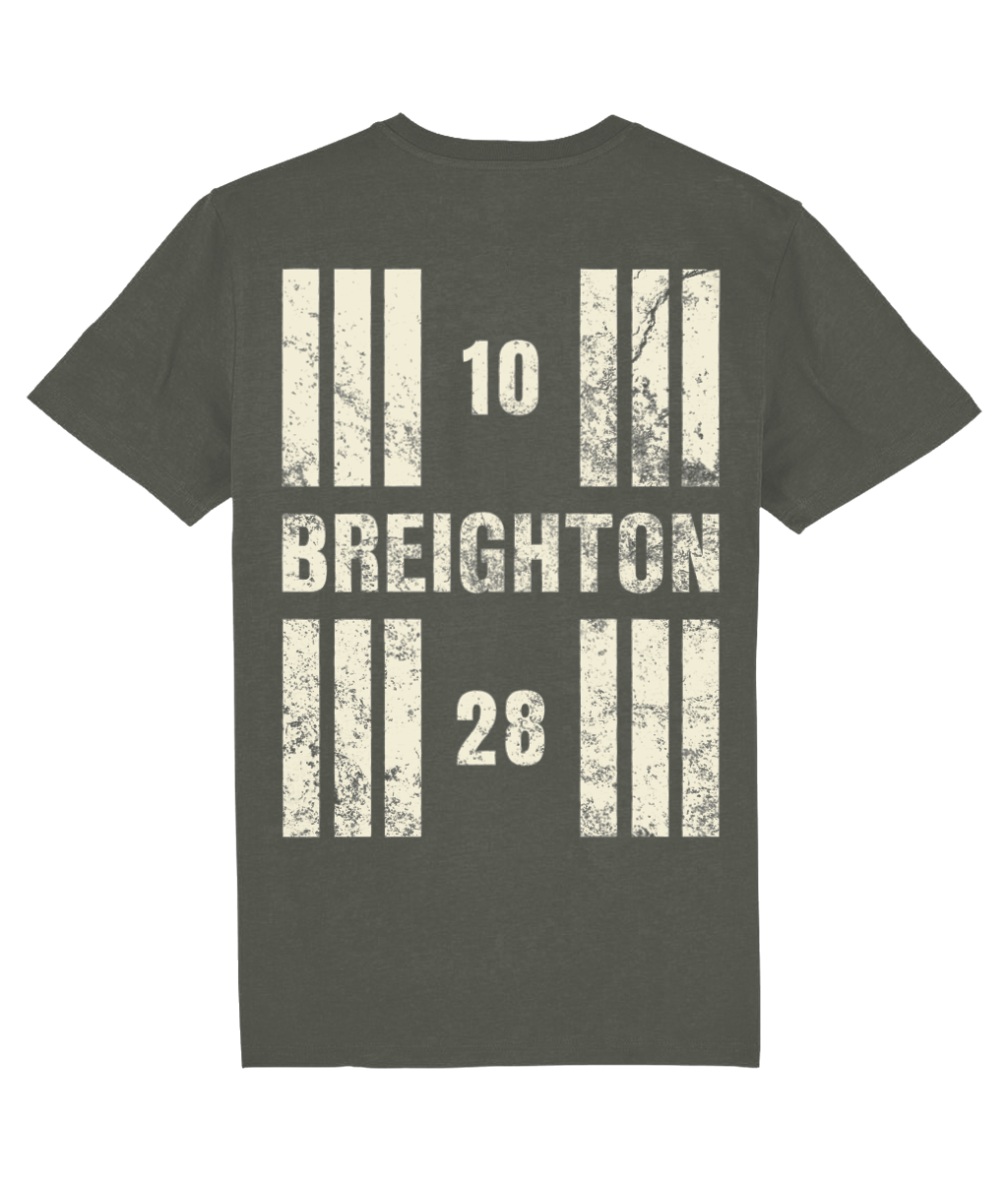 Breighton Airfield Runway Designator Unisex Organic Cotton T-Shirt with a hold icon on the front left breast and distressed designator design on the back, both printed in vintage white.