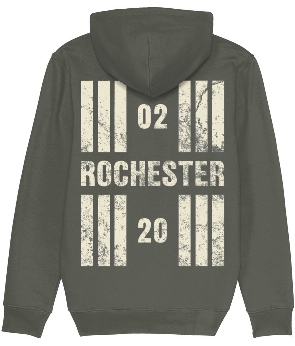 Rochester Airport Runway Designator Premium Heavyweight Unisex Hoodie with a hold icon on the front left breast and distressed designator design on the back, both printed in vintage white.