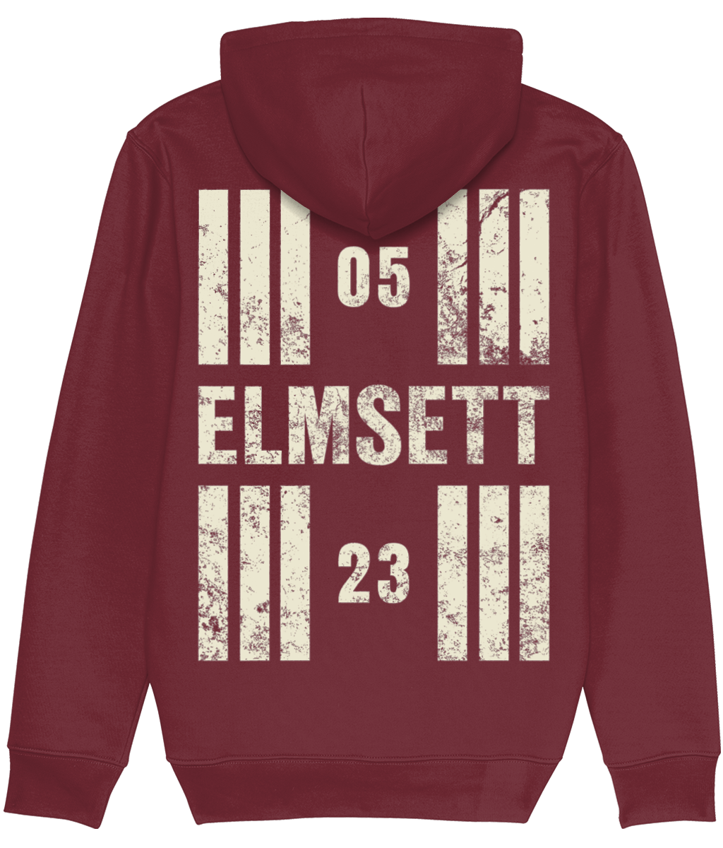 Elmsett Airfield Runway Designator Premium Heavyweight Unisex Hoodie with a hold icon on the front left breast and distressed designator design on the back, both printed in vintage white.