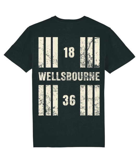 Wellsbourne Airfield Runway Designator Unisex Organic Cotton T-Shirt in black with front and back prints.