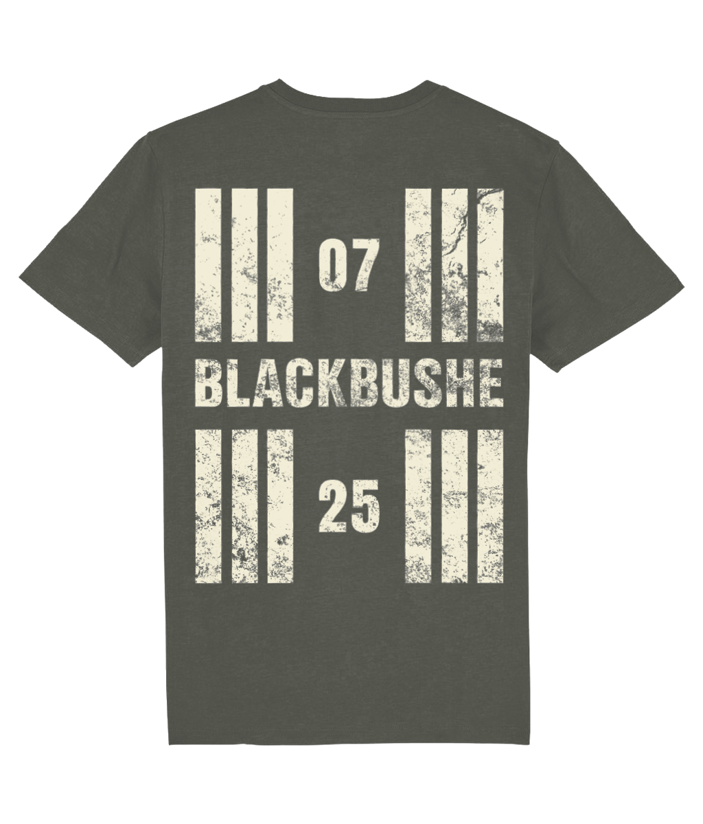 Blackbushe Airport Runway Designator Unisex Organic Cotton T-Shirt with a hold icon on the front left breast and distressed designator design on the back, both printed in vintage white.