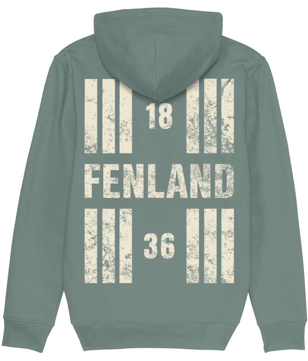 Fenland Aerodrome Runway Designator Premium Heavyweight Unisex Hoodie with a hold icon on the front left breast and distressed designator design on the back, both printed in vintage white.