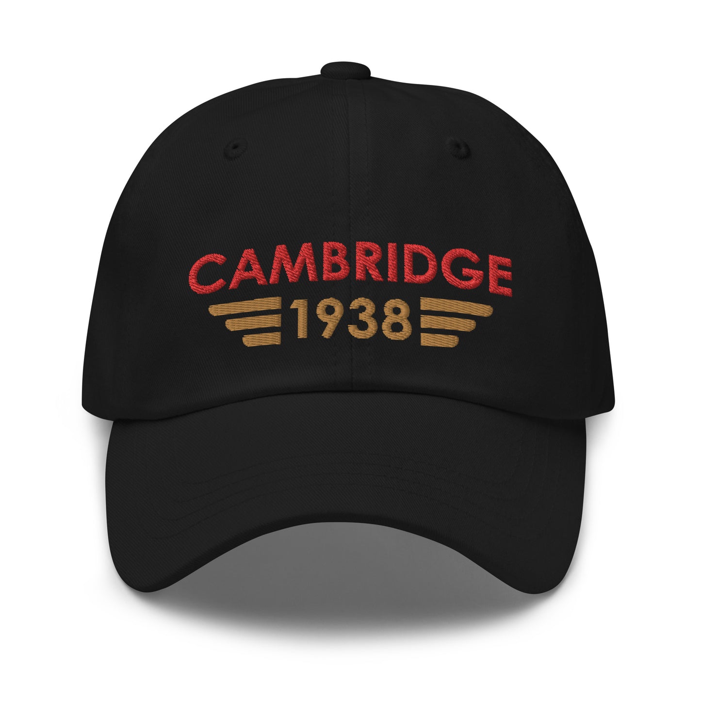 Cambridge Airport ICAO Code Embroidered Baseball Cap  in black with the airport’s date of opening incorporated into a winged icon on the front and with the ICAO code at the back.