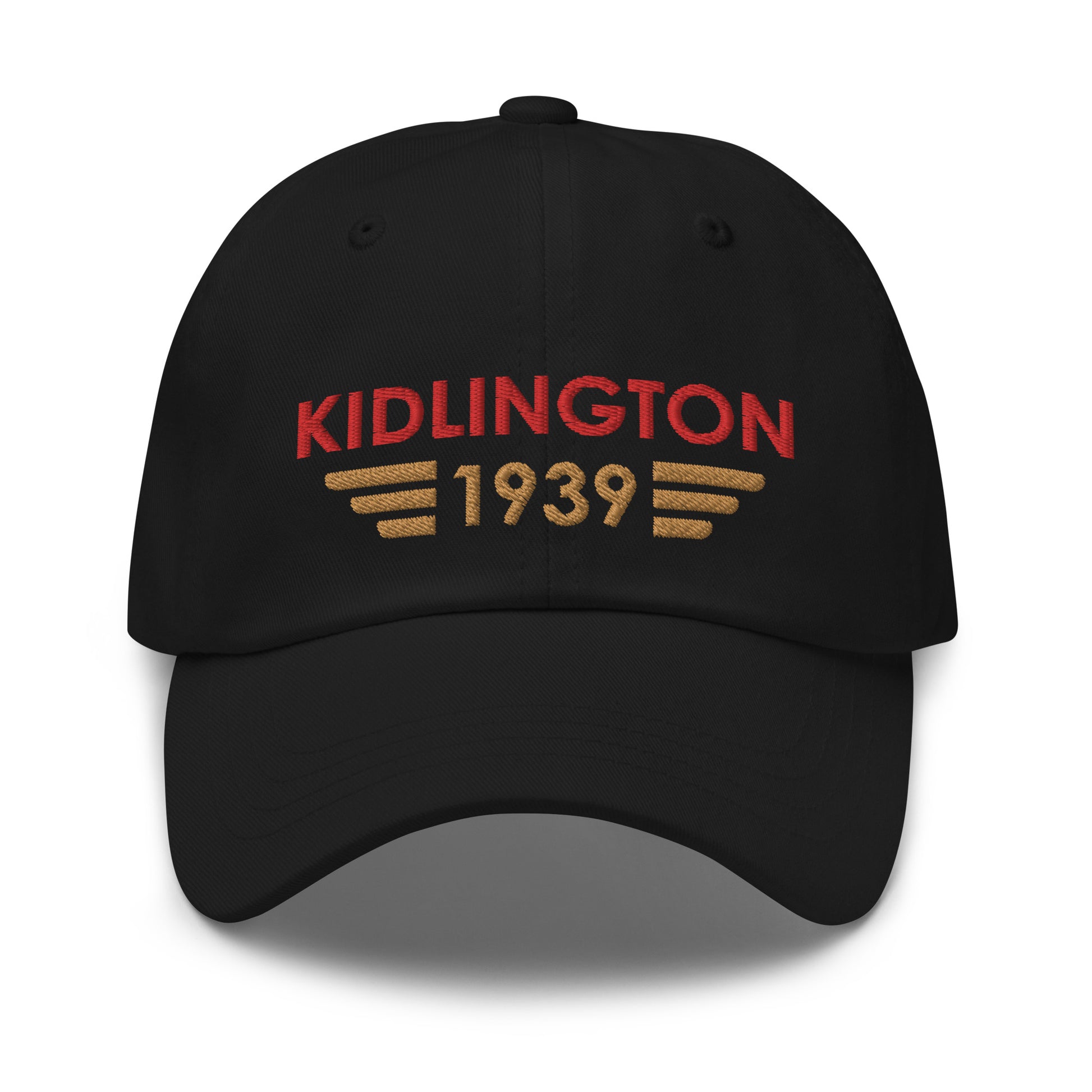 Kidlington Airport ICAO Code Embroidered Baseball Cap in black with the airport’s date of opening incorporated into a winged icon on the front and with the ICAO code at the back.