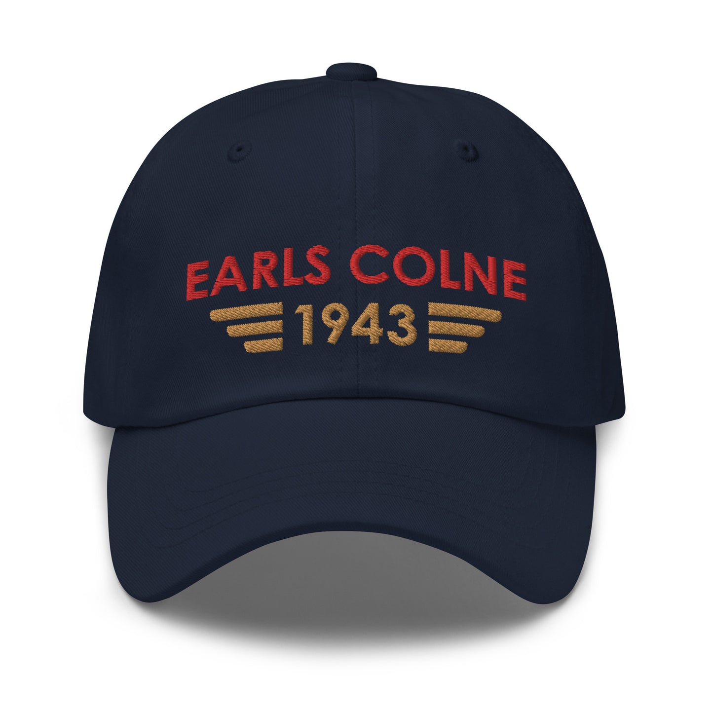 Earls Colne Airfield ICAO Code Embroidered Baseball Cap in navy blue with the airport’s date of opening incorporated into a winged icon on the front and with the ICAO code at the back.