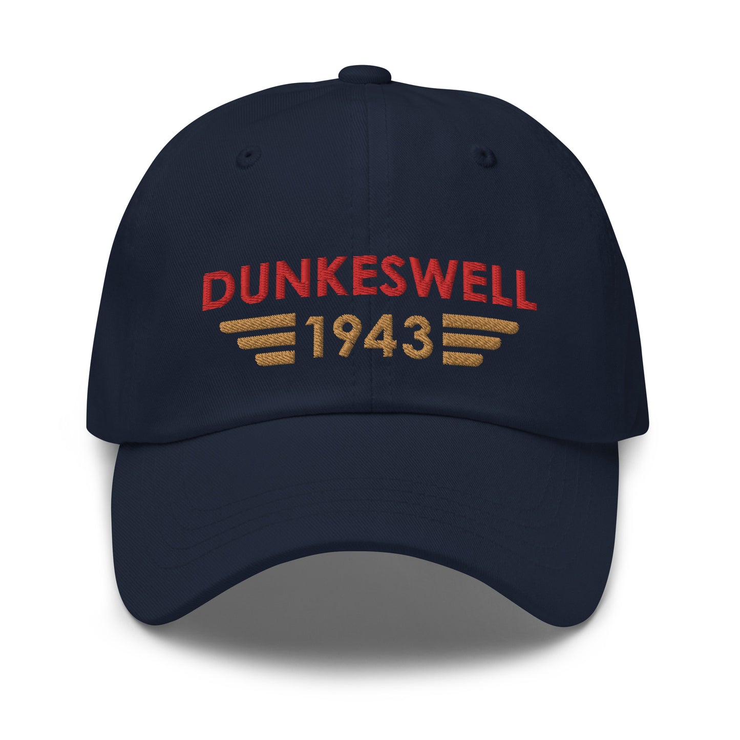 Dunkeswell Aerodrome ICAO Code Embroidered Baseball Cap in navy blue with the airport’s date of opening incorporated into a winged icon on the front and with the ICAO code at the back.