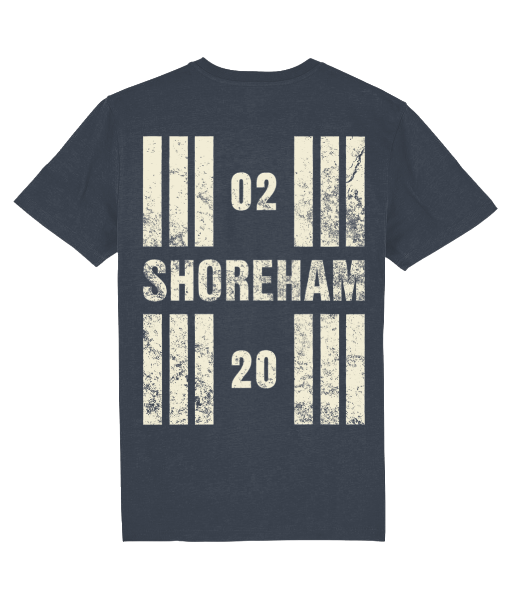 Shoreham Airport Runway Designator Unisex Organic Cotton T-Shirt with a hold icon on the front left breast and distressed designator design on the back, both printed in vintage white.