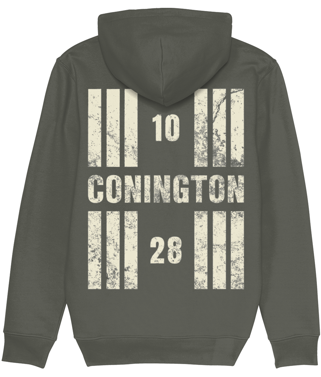 Conington Airport Runway Designator Premium Heavyweight Unisex Hoodie with a hold icon on the front left breast and distressed designator design on the back, both printed in vintage white.