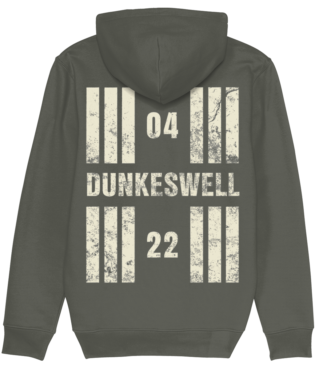 Dunkeswell Aerodrome Runway Designator Premium Heavyweight Unisex Hoodie with a hold icon on the front left breast and distressed designator design on the back, both printed in vintage white.