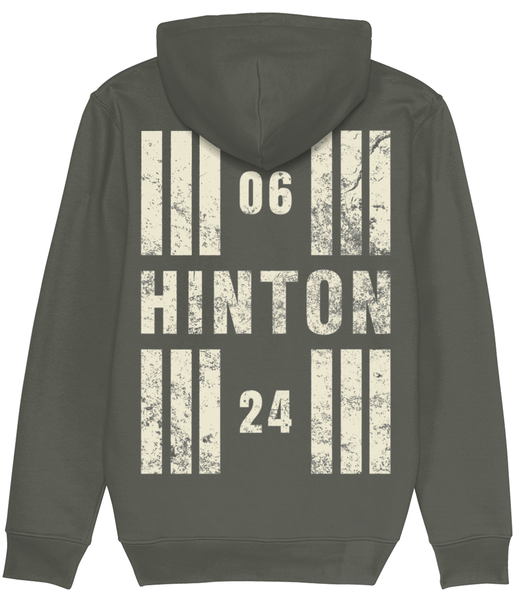 Hinton-in-the-Hedges Airfield Runway Designator Premium Heavyweight Unisex Hoodie with a hold icon on the front left breast and distressed designator design on the back, both printed in vintage white.