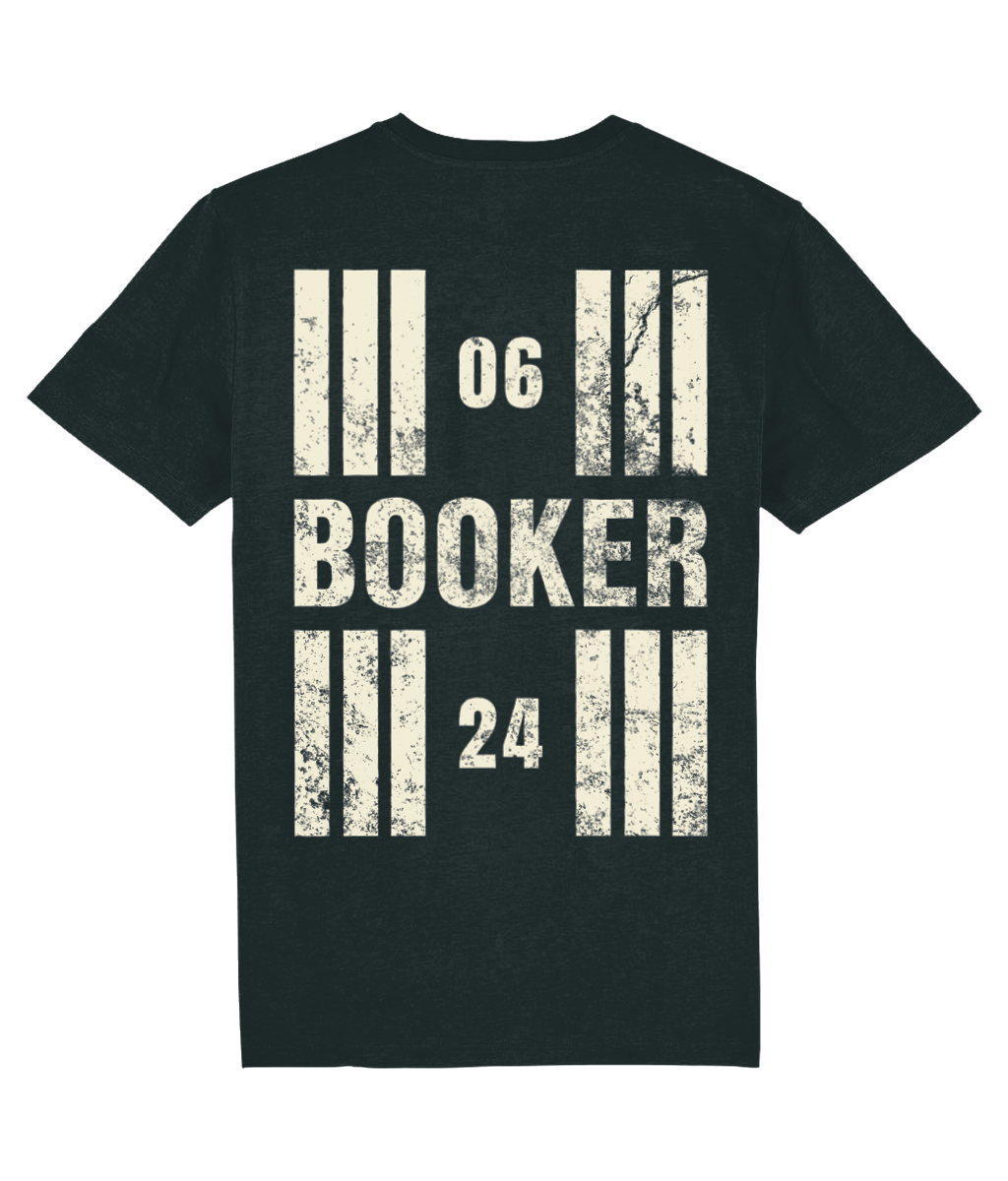 Booker Airfield Runway Designator Unisex Organic Cotton T-Shirt  with a hold icon on the front left breast and distressed designator design on the back, both printed in vintage white.