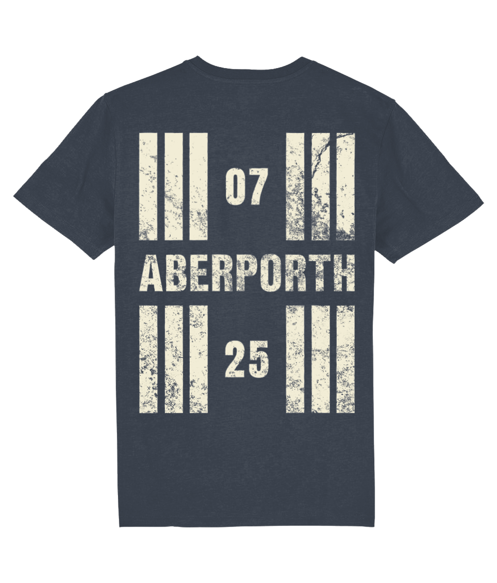 Aberporth Airport Runway Designator Unisex Organic Cotton T-Shirt  with a hold icon on the front left breast and distressed designator design on the back, both printed in vintage white.