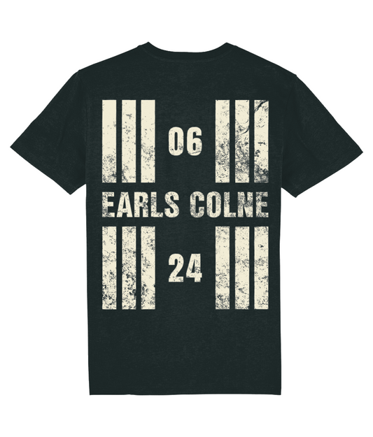 Earls Colne Airfield Runway Designator Unisex Organic Cotton T-Shirt with a hold icon on the front left breast and distressed designator design on the back, both printed in vintage white.