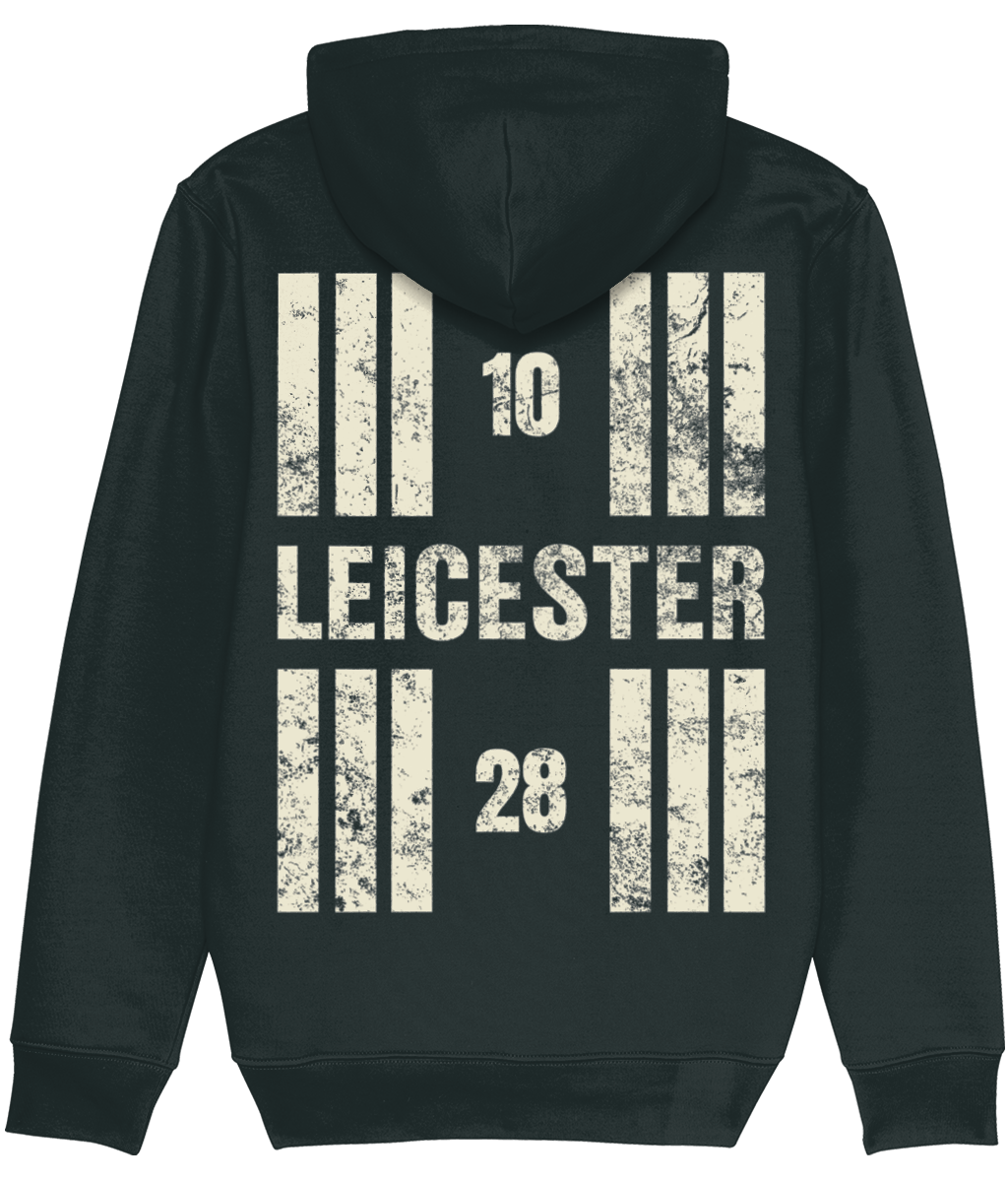 Leicester Airport Runway Designator Premium Heavyweight Unisex Hoodie with a hold icon on the front left breast and distressed designator design on the back, both printed in vintage white.