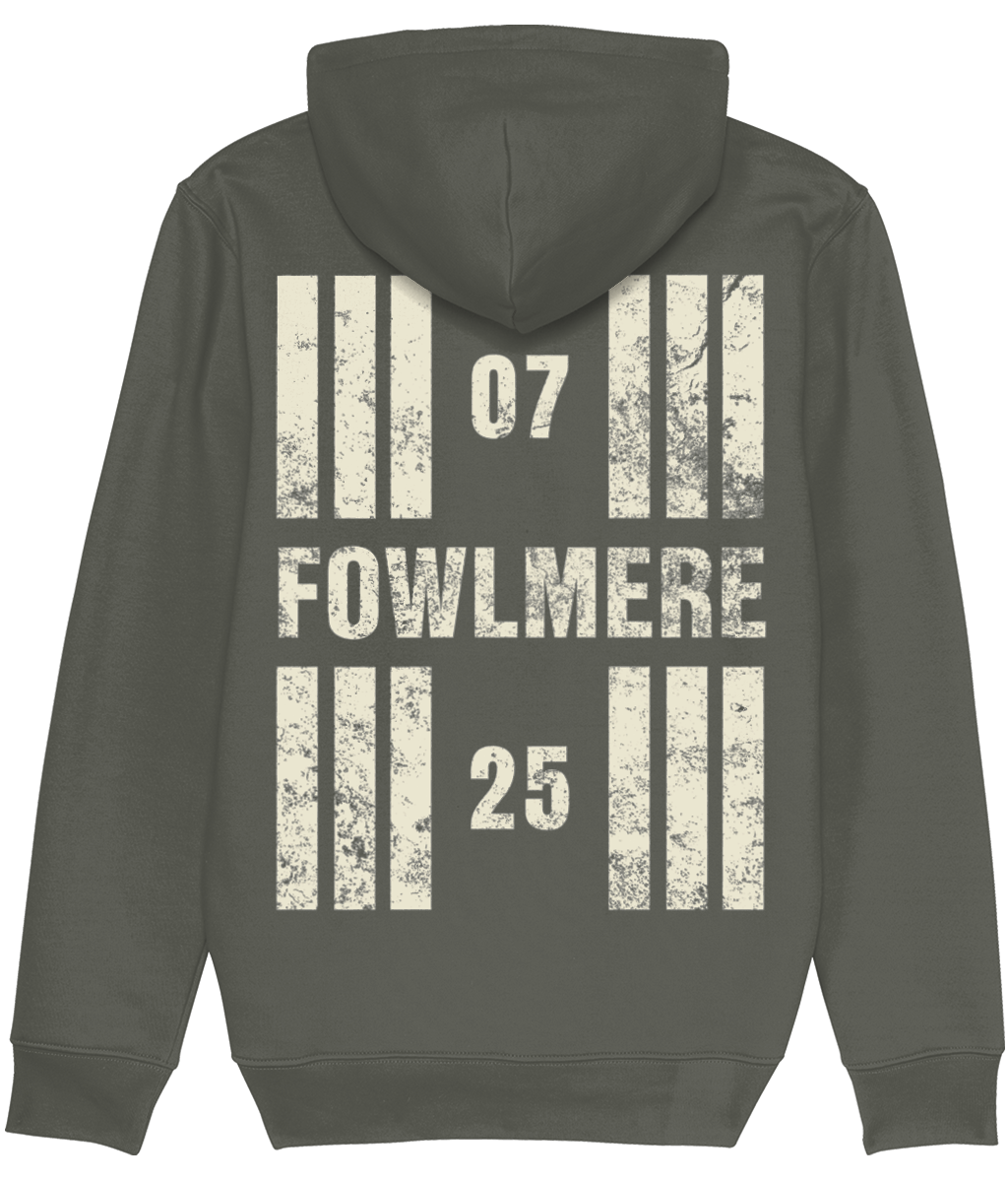 Fowlmere Airfield Runway Designator Premium Heavyweight Unisex Hoodie with a hold icon on the front left breast and distressed designator design on the back, both printed in vintage white.