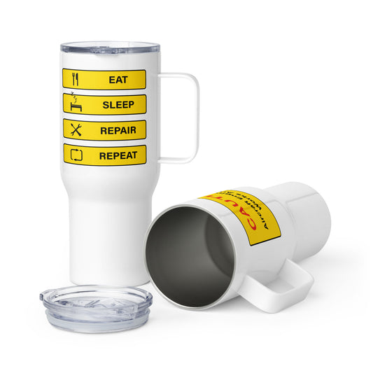 The aircraft engineer's travel mug with "Eat, Sleep, Repair, Repeat" wording along with airport icon signage in black and yellow on the back and with "Caution Aircraft Engineering Works Area" on the front.