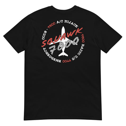 This black t-shirt features a bold logo on the back with the wording “Squawk 7000” in red and grey over a silhouette of a jet in white. That is then surrounded by emergency codes in red and white. There is also an Aero Two Zero logo on the front left breast of the shirt.