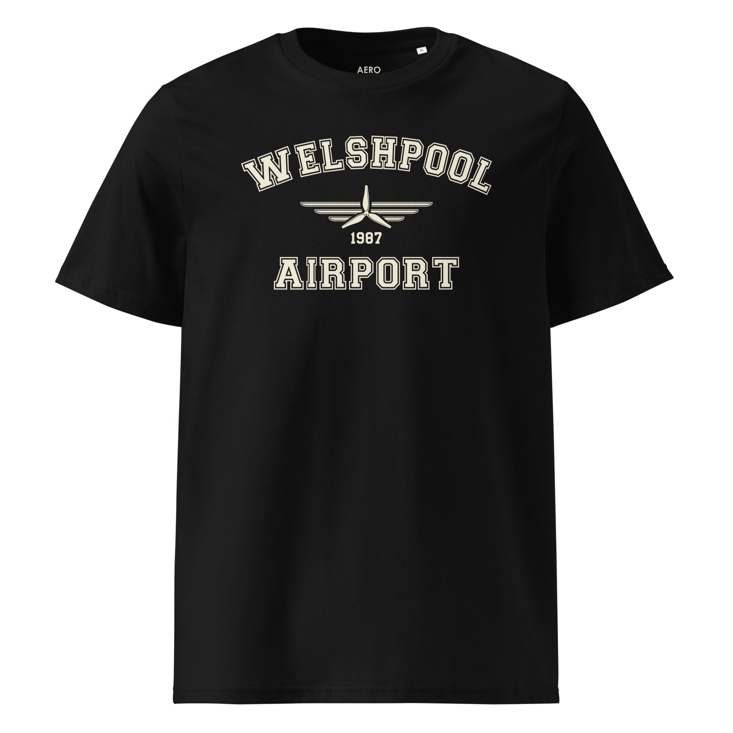 Welshpool Airport Classic Collegiate Unisex Organic Cotton T-Shirt in black with a vintage pale cream print that includes a propeller icon with the date of construction.