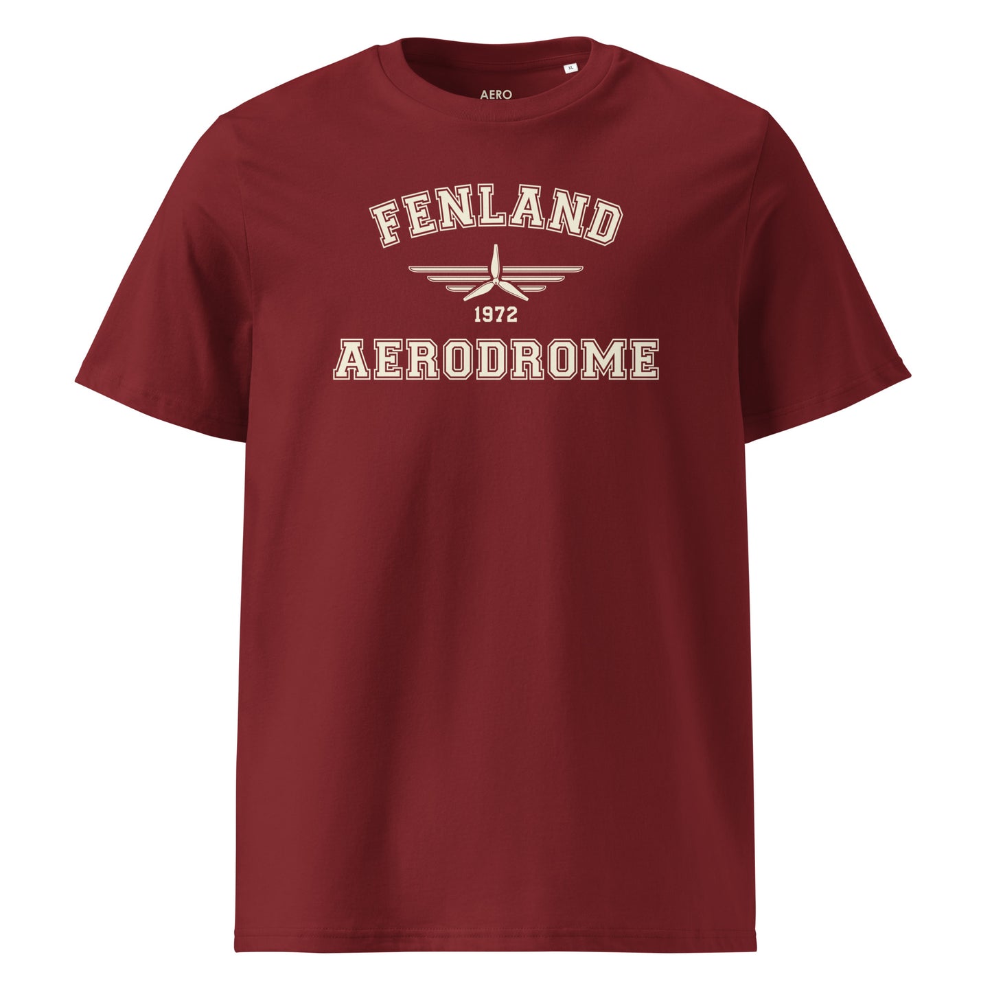 Fenland Aerodrome Classic Collegiate Unisex Organic Cotton T-Shirt  in burgundy with a vintage pale cream print that includes a propeller icon with the date of construction.