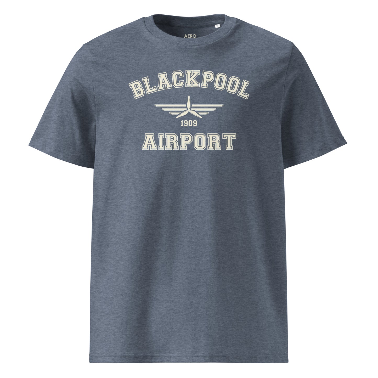 Blackpool Airport Classic Collegiate Unisex Organic Cotton T-Shirt in dark heather blue with a vintage pale cream print that includes a propeller icon with the date of construction.